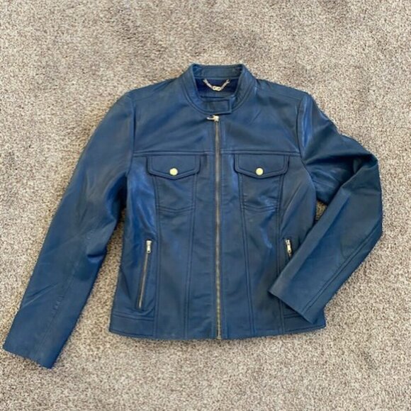COLE HAAN 100% Leather Indigo Blue Moto Jacket Coat Small - Picture 2 of 12